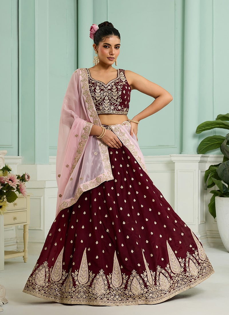 Maroon Organza Sequins Stones Embroidered Cut Work Umbrella Lehenga