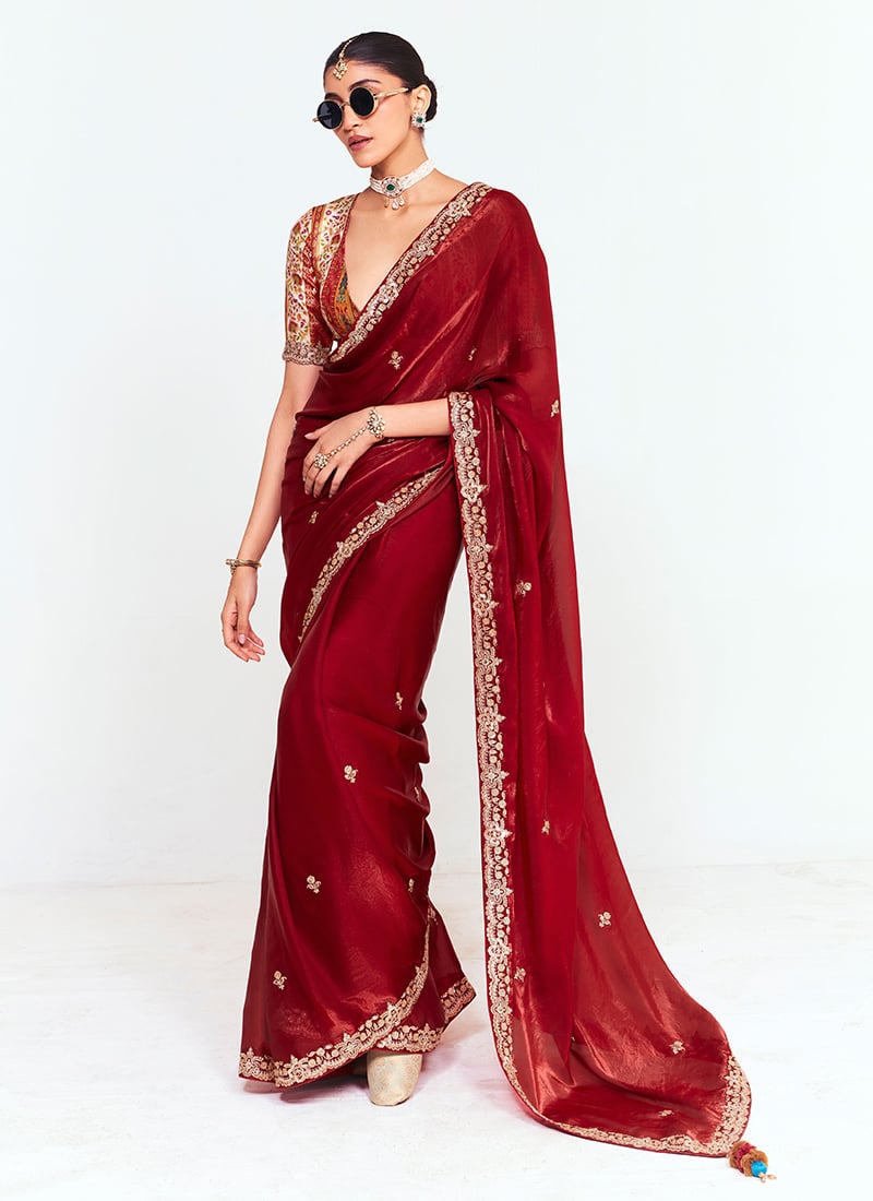 Maroon Organza Tissue Embroidered Border Saree After Six Wear