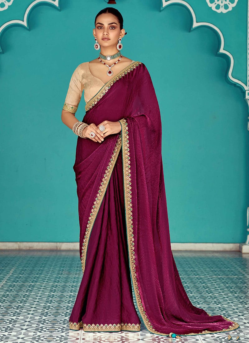 Maroon Organza Zari Embroidered Sequins Saree Festive Wear