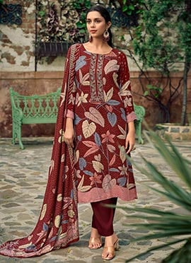 Maroon Pashmina Digital Print Embroidered Straight Pant Suit