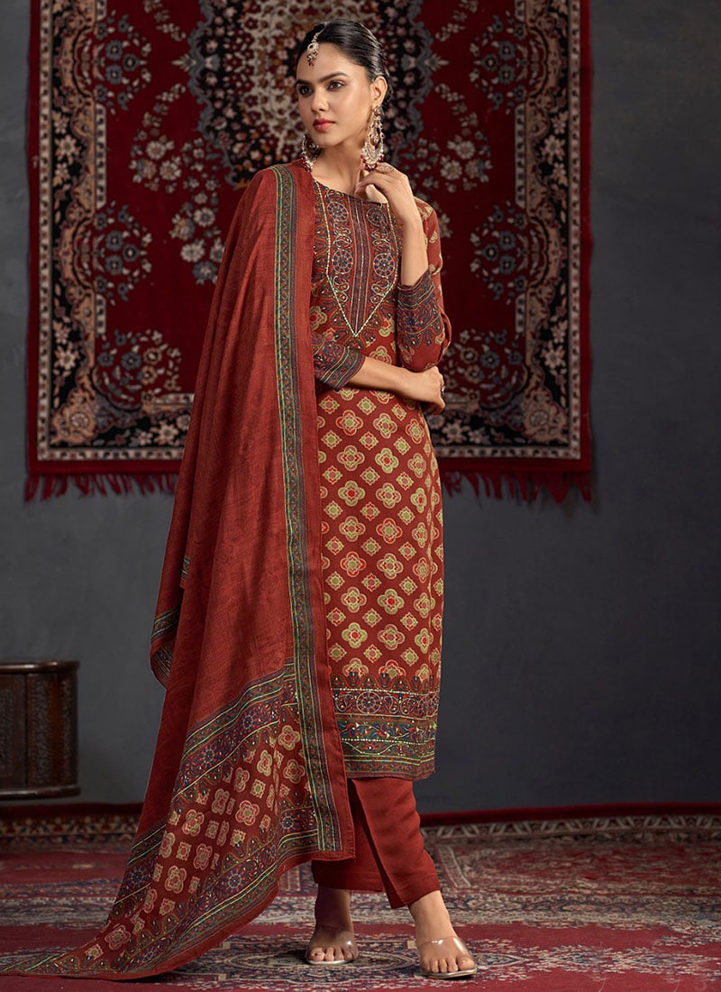 Maroon Pashmina Printed Sequins Straight Pant Suit After Six Wear
