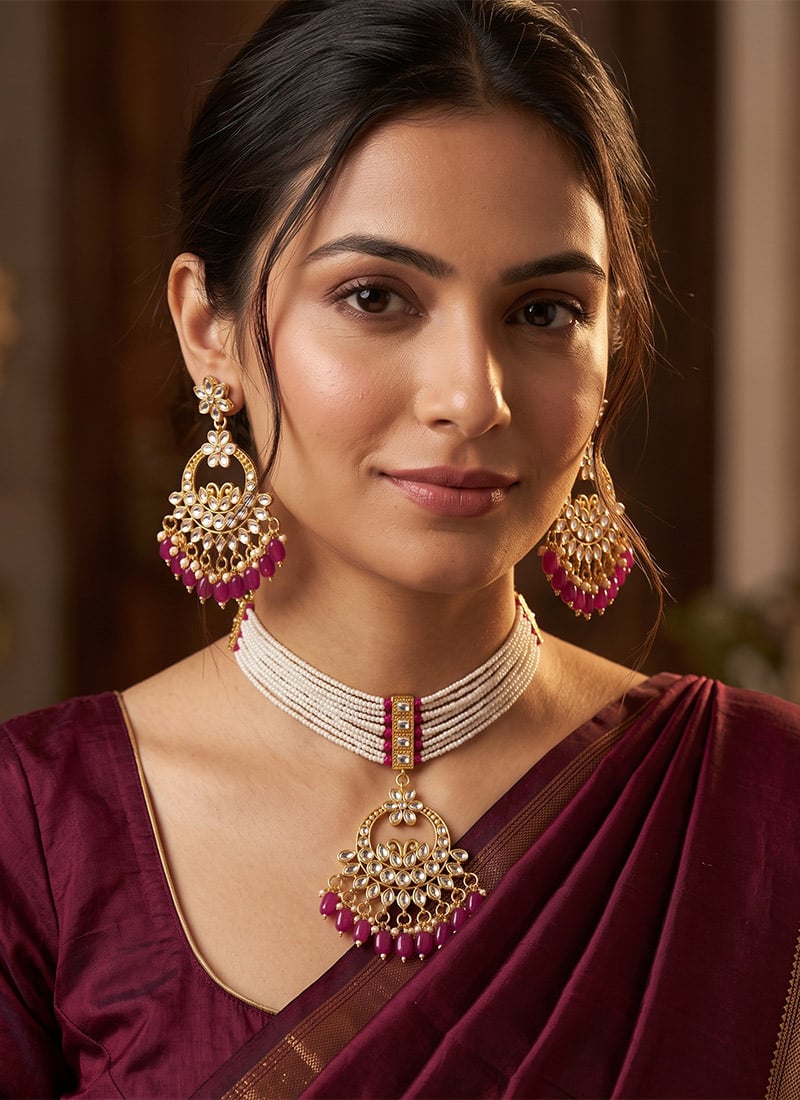 Maroon Pearl Studded Kundan Choker Set After Six Wear