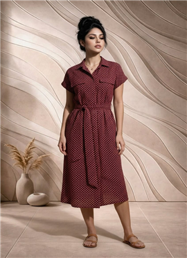 Maroon Printed Cotton Belted Midi Dress