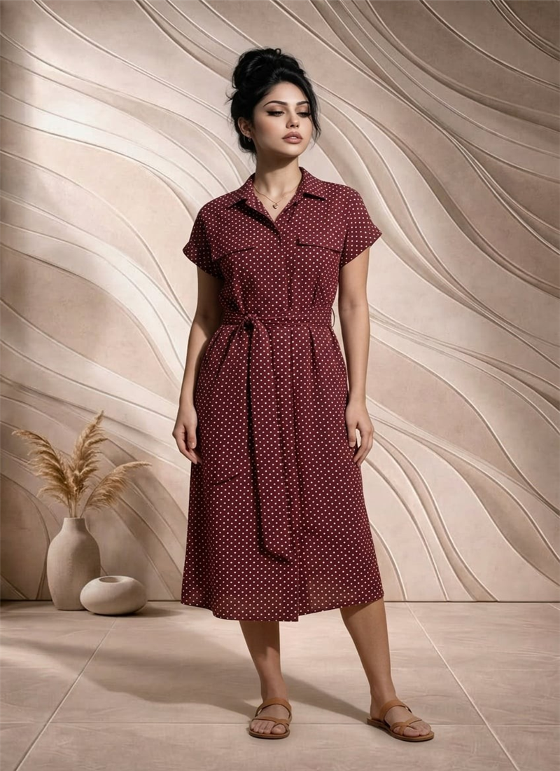 Maroon Printed Cotton Belted Midi Dress After Six Wear