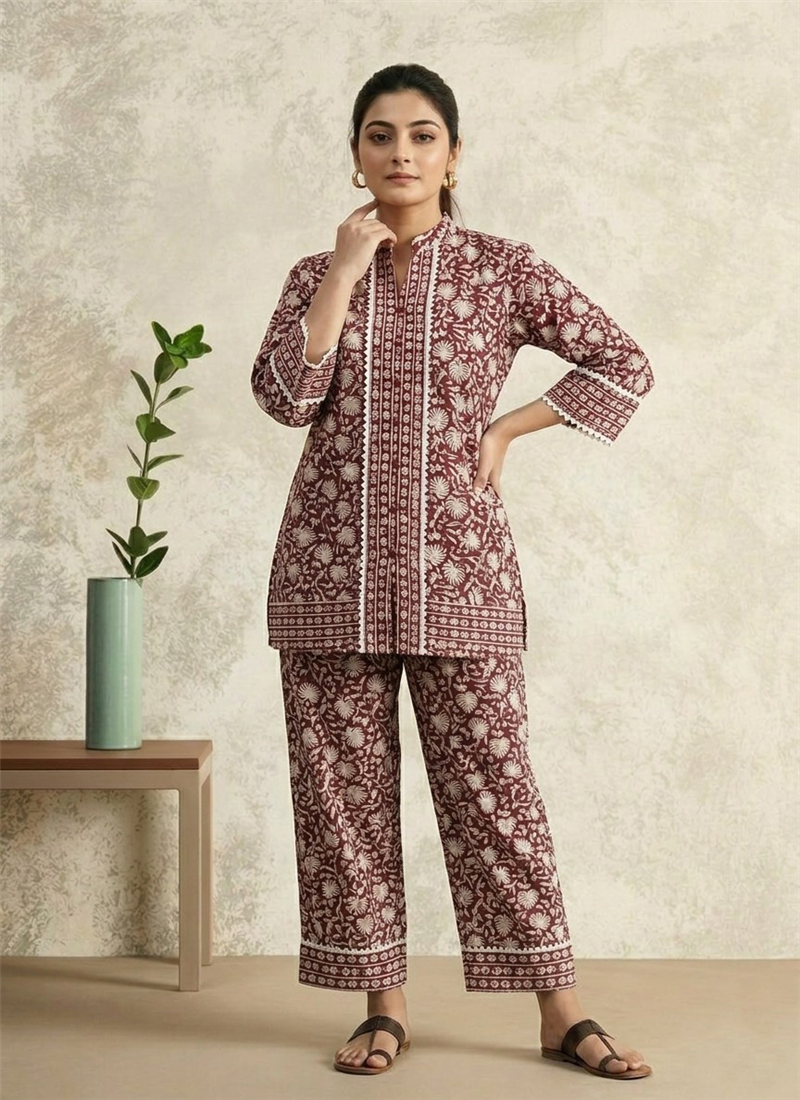 Maroon Printed Cotton Co Ord Pant Set After Six Wear