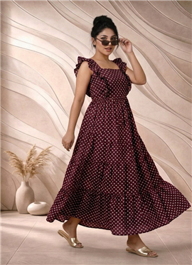Maroon Printed Cotton Maxi Dress