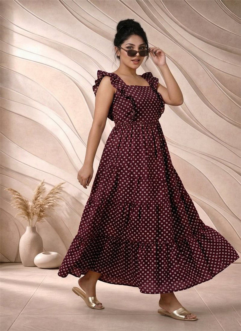 Maroon Printed Cotton Maxi Dress After Six Wear