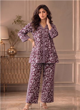 Maroon Printed Cotton Peplum Top Palazzo Set