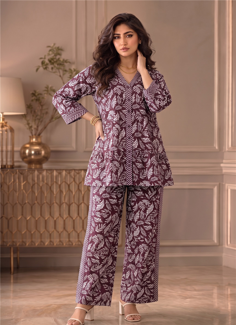 Maroon Printed Cotton Peplum Top Palazzo Set After Six Wear