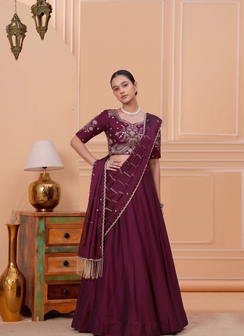 Maroon Rangoli Crush Sequins Embroidered Lehenga After Six Wear