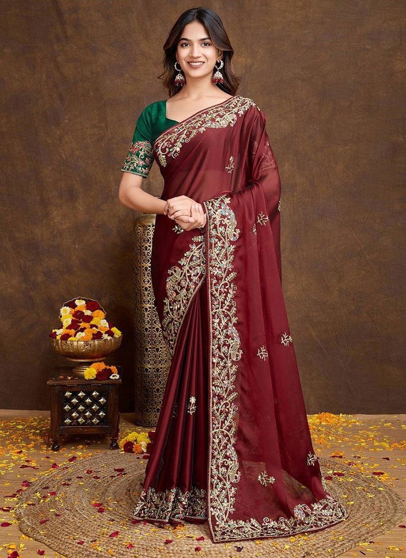 Maroon Rangoli Silk Embroidered Sequins Saree Festive Wear