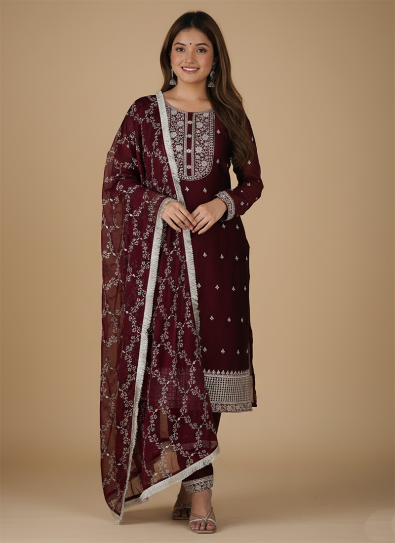 Maroon Rangoli Silk Embroidered Straight Pant Suit Festive Wear