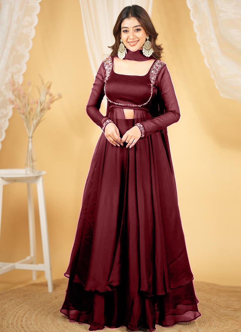 Maroon Rangoli Silk Lehenga With Sequins And Zardosi Work Anarkali  Festive Wear