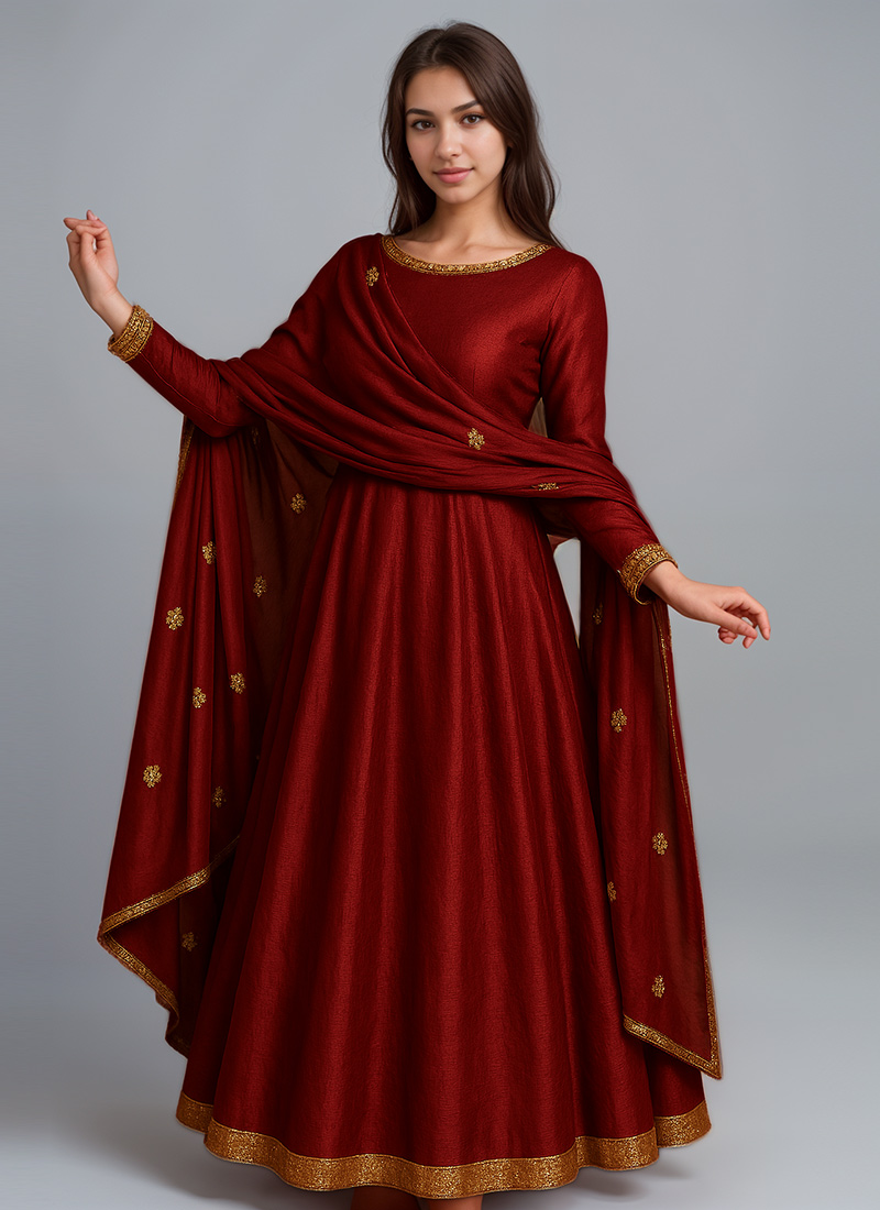 Rust Pure Cotton Full Flair Office wear Anarkali Suit with Hand embroidery Work on neck