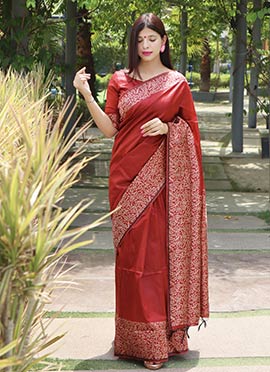 Maroon Raw Silk Printed Saree