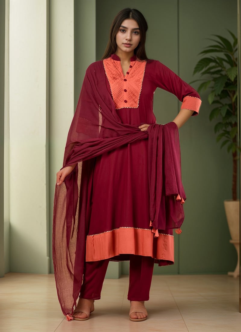 Maroon Rayon A Line Straight Pant Suit