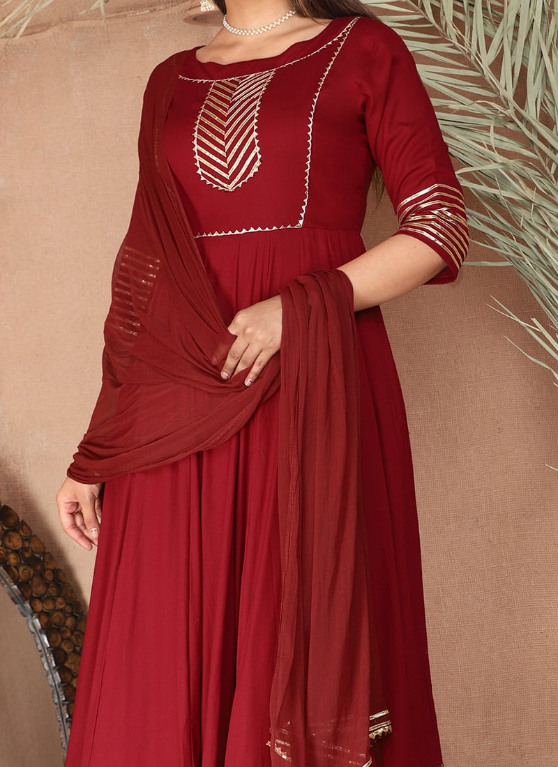 Maroon Printed Silk Blend Anarkali Suit Set With Dupatta