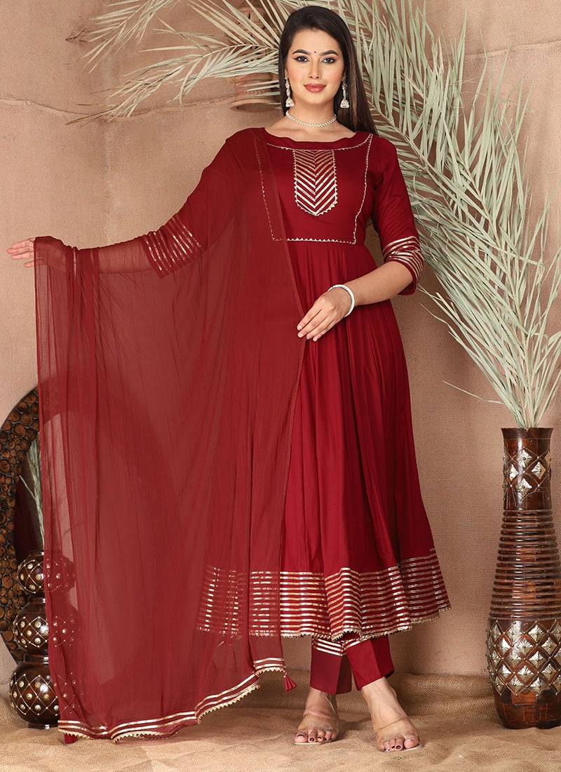 Maroon Rayon Anarkali Suit With Dupatta And Gota Work Classic After Six Wear