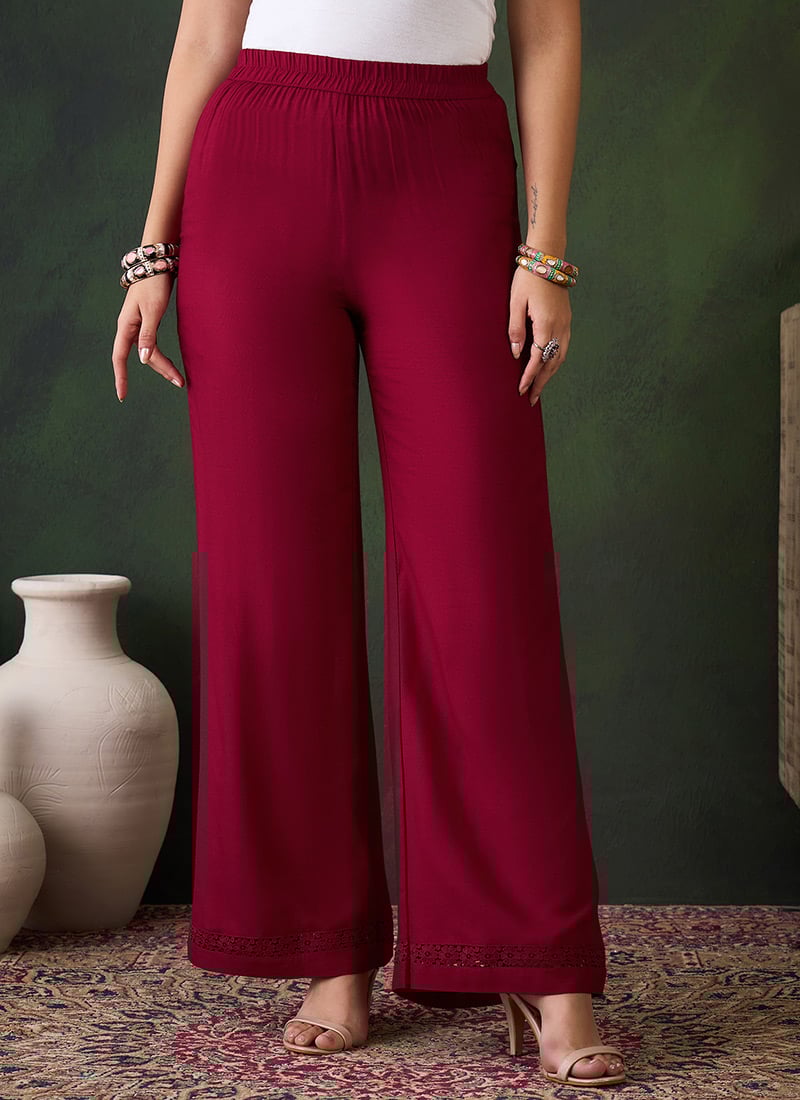 Maroon Rayon Chikankari Palazzo Pant