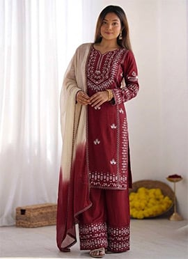 Maroon Rayon Cotton Embroidered Palazzo Suit