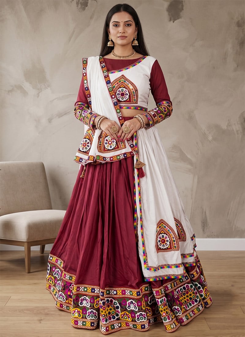 Maroon Rayon Cotton Mirror Work Embroidered Chaniya Choli For Garba Night Festive Wear