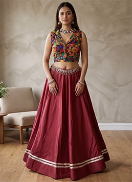 Maroon Rayon Cotton Mirror Work Embroidered Indowestern  For Dandiya Night