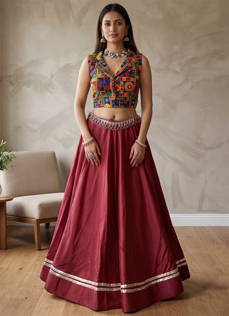 Maroon Rayon Cotton Mirror Work Embroidered Indowestern For Dandiya Night Festive Wear