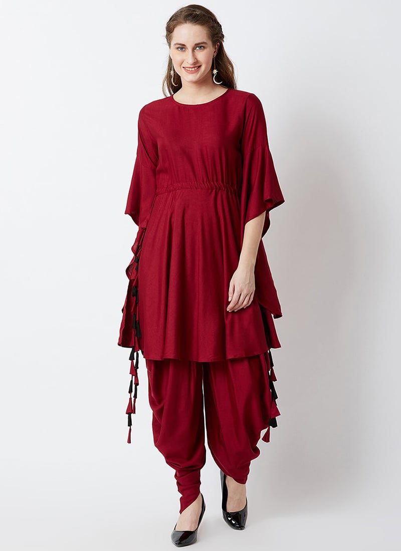 Maroon Rayon Dhoti Set Work Wear