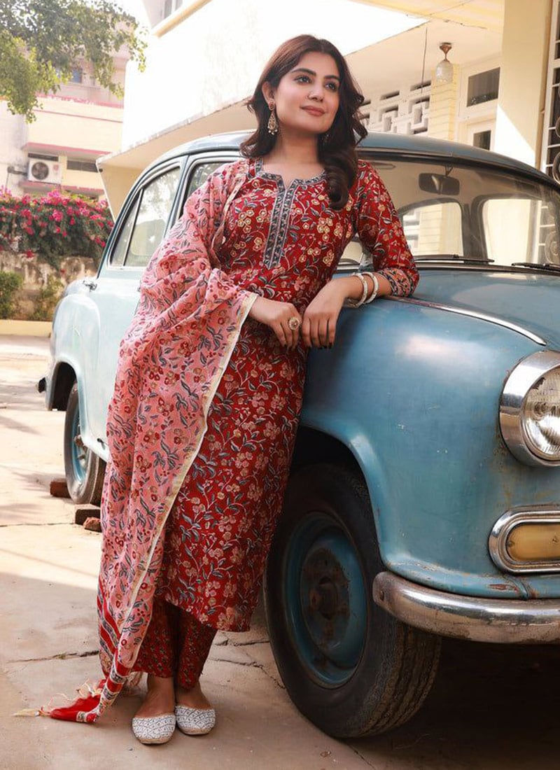 Maroon Rayon Digital Print Straight Pant Suit