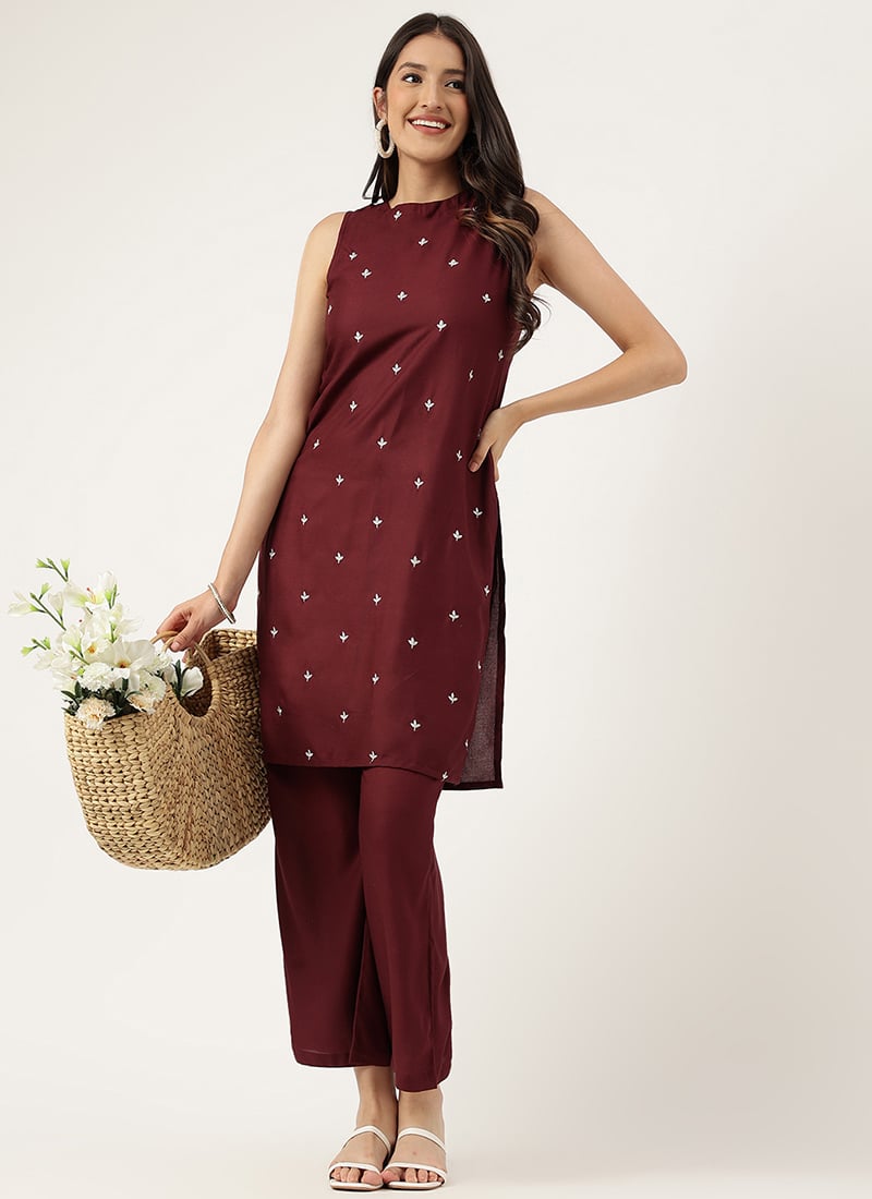 Maroon Rayon Embroidered Butti Kurta Palazzo Set