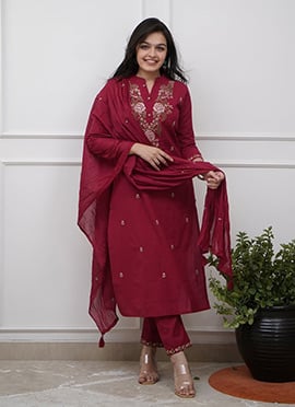 Maroon Rayon Embroidered Sequins Straight Pant Suit
