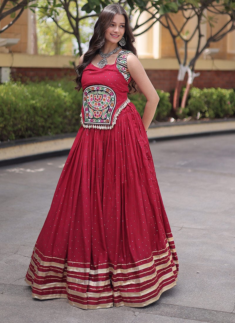 Maroon Rayon Gamthi Mirror Work Indo Western Navratri Skirt Set Festive Wear
