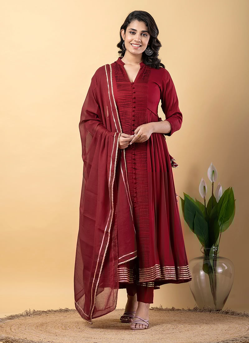 Maroon Rayon Gota Lace Work Anarkali Suit After Six Wear