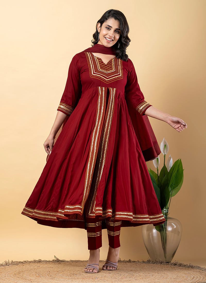 Maroon Rayon Gota Patti Thread Anarkali Suit After Six Wear