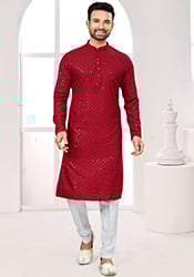 Maroon Rayon Lucknowi Sequins Embroidered Thread Kurta Pyjama