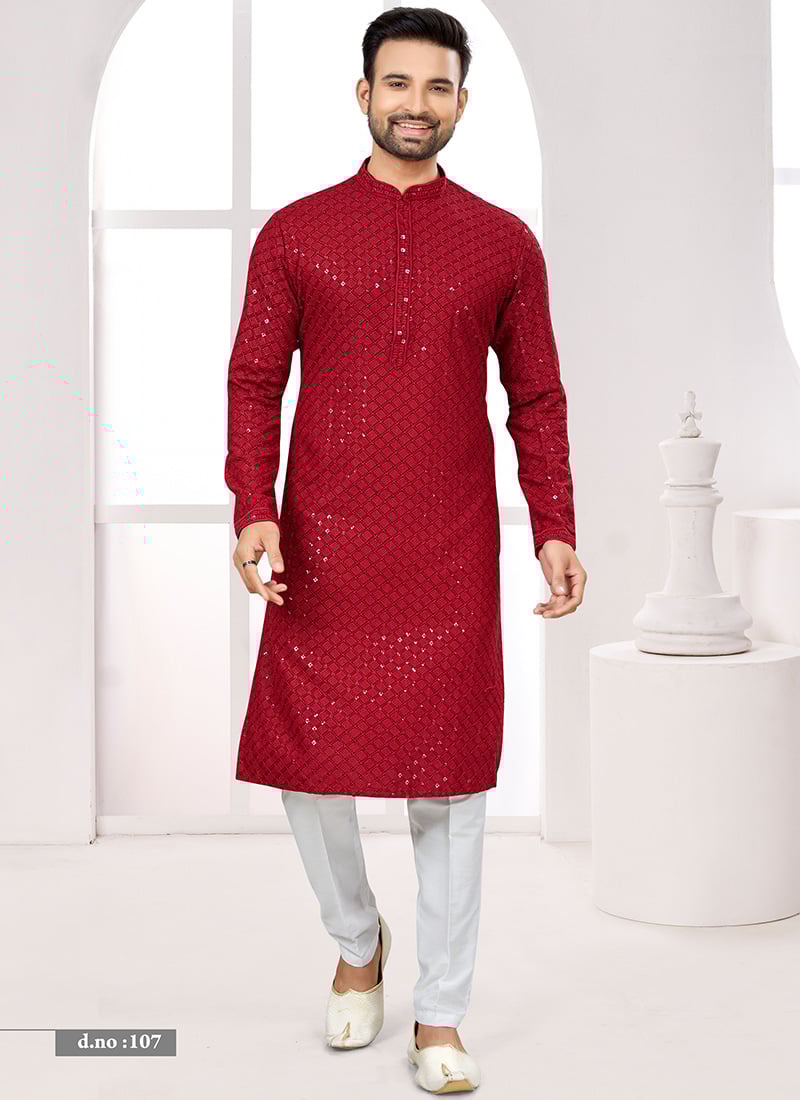Maroon Rayon Lucknowi Sequins Embroidered Thread Kurta Pyjama Festive Wear