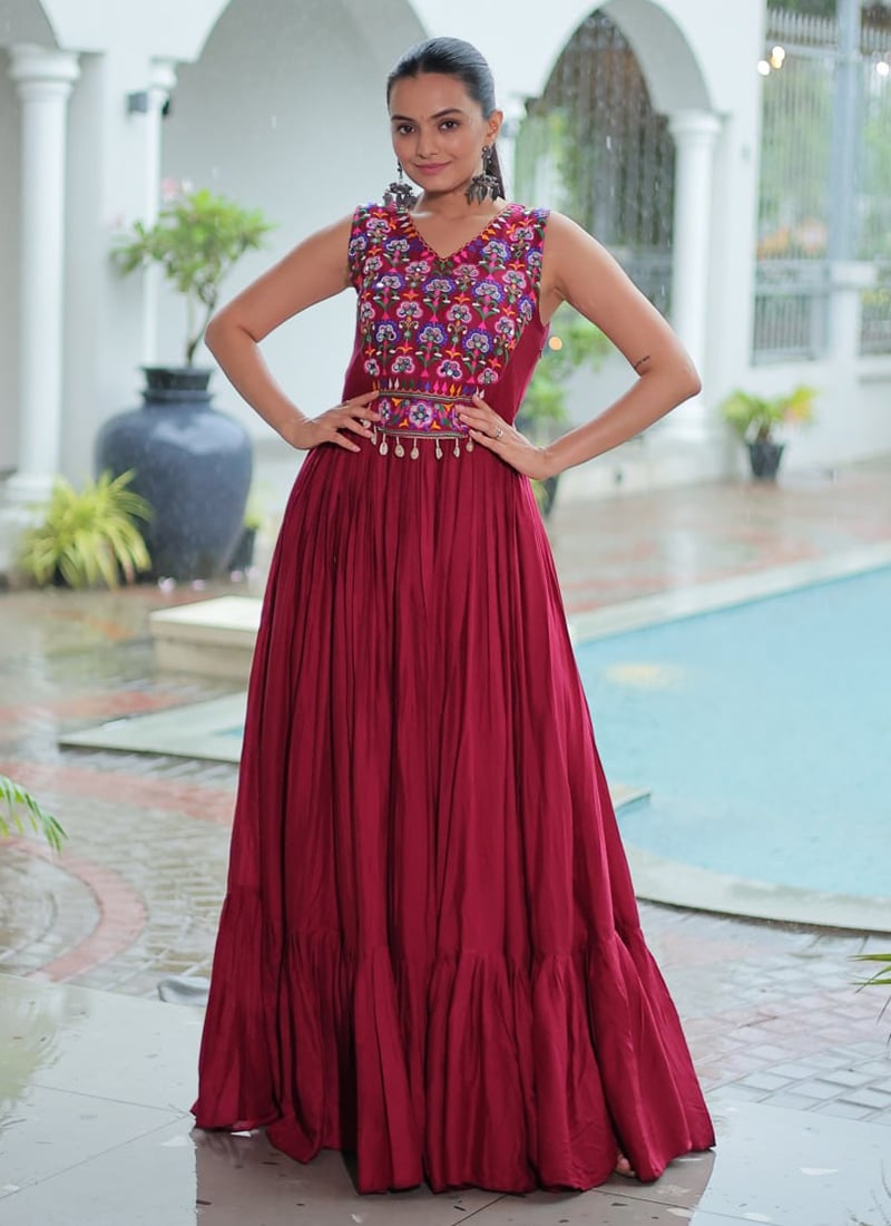 Maroon Rayon Mirror And Kutch Gamthi Work Anarkali Gown