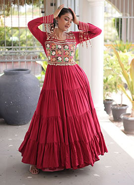 Maroon Rayon Mirror Work Kutchi Gamthi Garba Navratri Dress