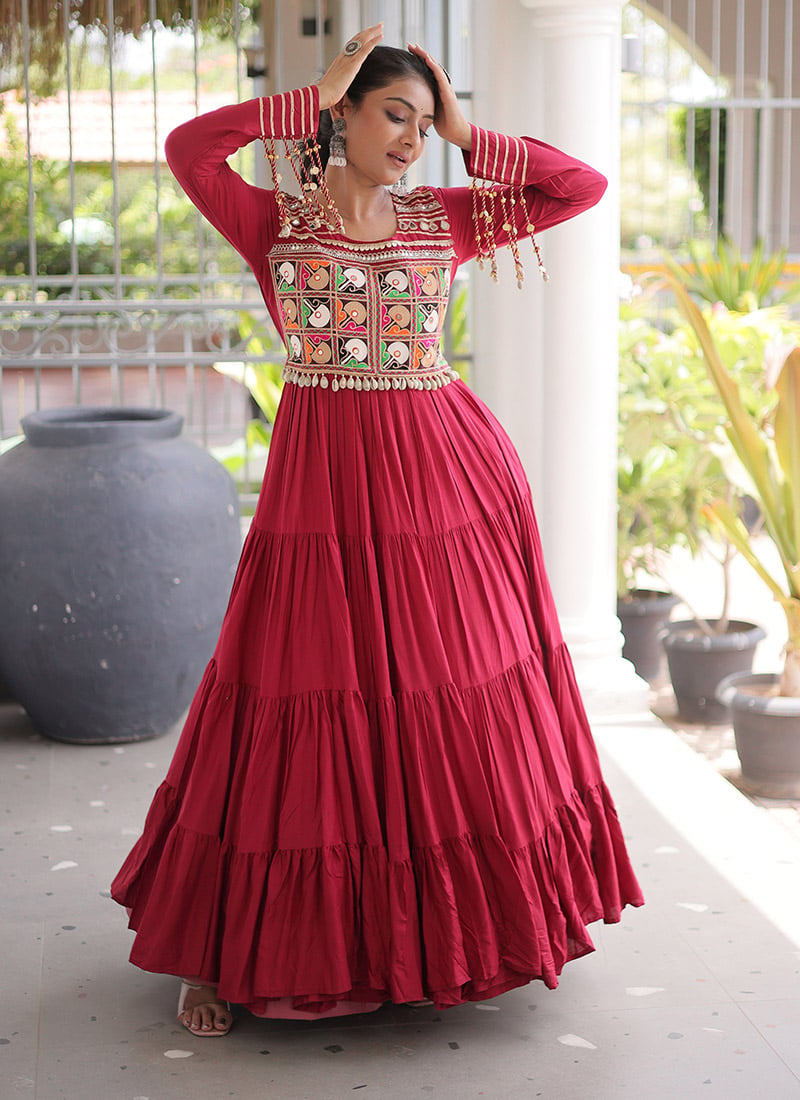 Maroon Rayon Mirror Work Kutchi Gamthi Garba Navratri Dress Festive Wear