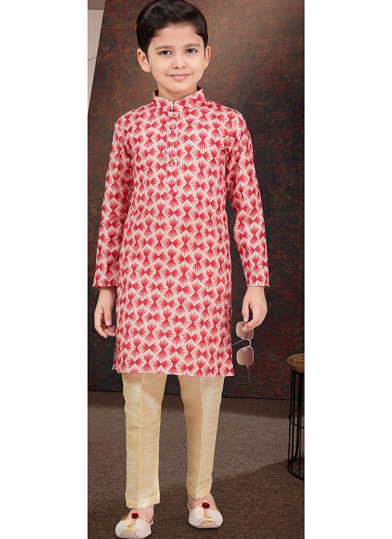Maroon Rayon Printed Embroidered Sequins Kids Boys Kurta Pyjama Festive Wear