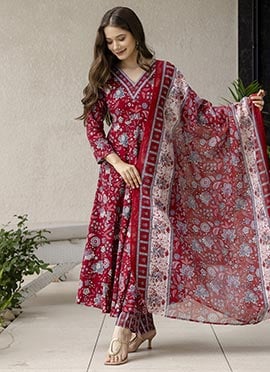 Maroon Rayon Printed Anarkali Suit