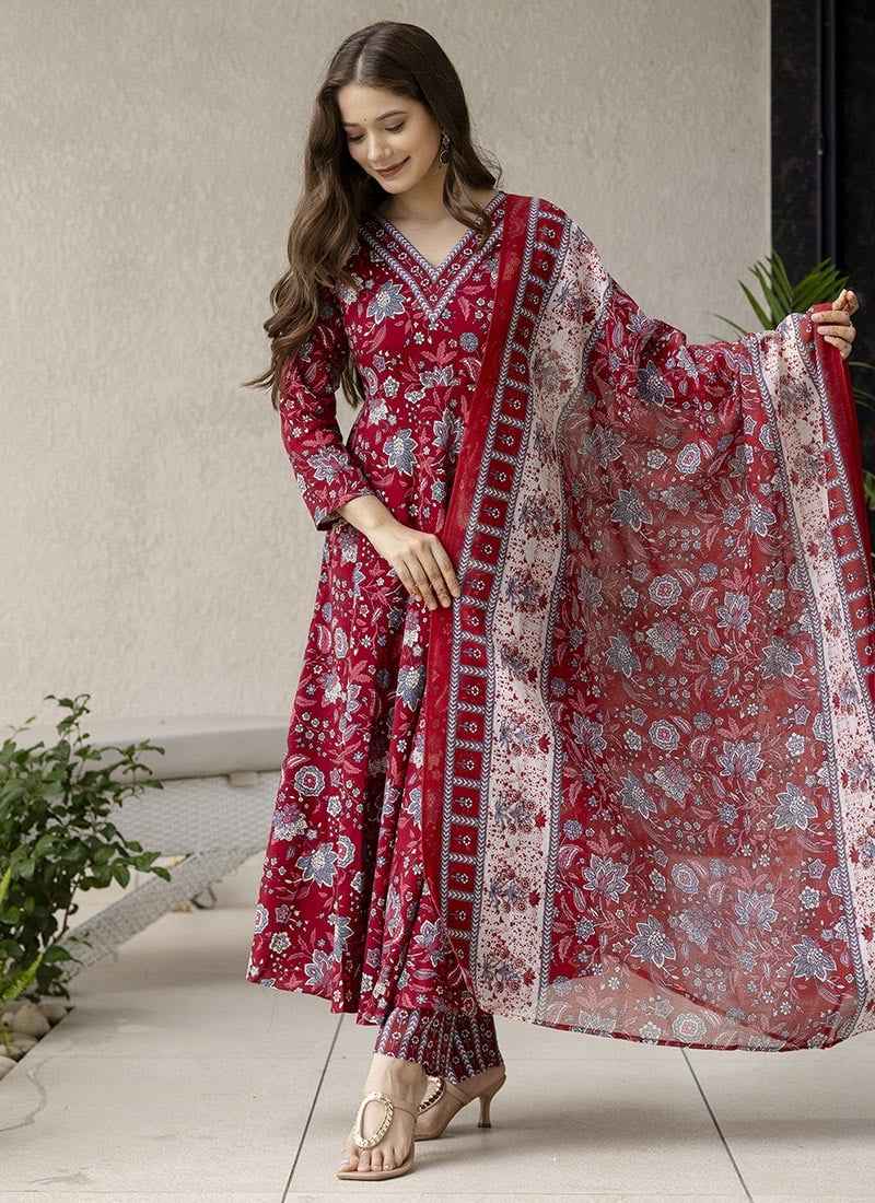Maroon Rayon Printed Anarkali Suit Festive Wear