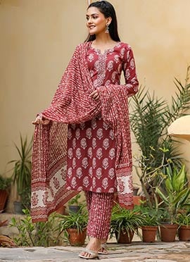 Maroon Rayon Printed Straight Pant Suit With Kurta And Dupatta
