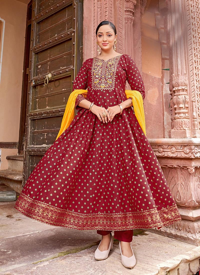 Maroon Rayon Sequins Embroidered And Foil Print Anarkali Suit After Six Wear