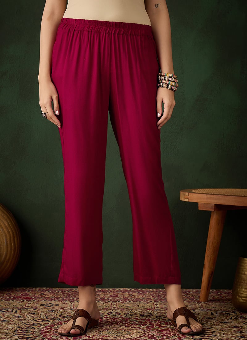 Maroon Rayon Solid Straight Pant After Six Wear