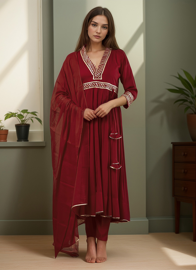 Maroon Rayon Zari Gota Patti Anarkali Suit