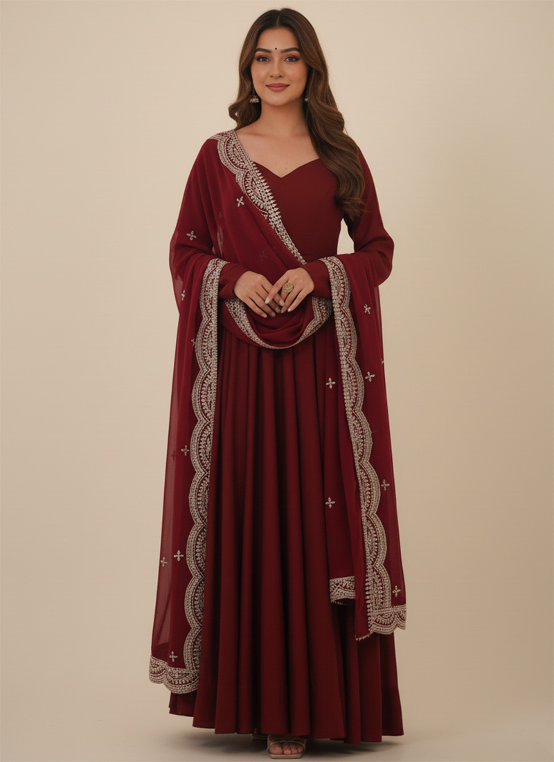 Maroon Roman Silk Chanderi Embroidered Sequins Anarkali Suit Festive Wear