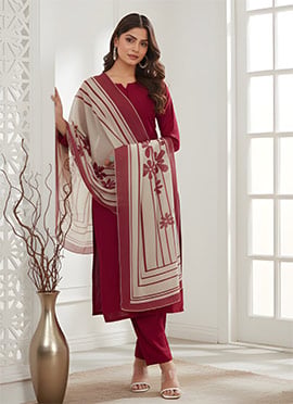 Maroon Roman Silk Digital Print Straight Pant Suit