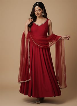 Maroon Roman Silk Embroidered Anarkali Suit