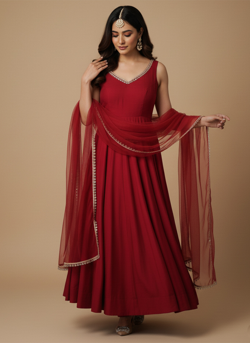 Maroon Roman Silk Embroidered Anarkali Suit After Six Wear